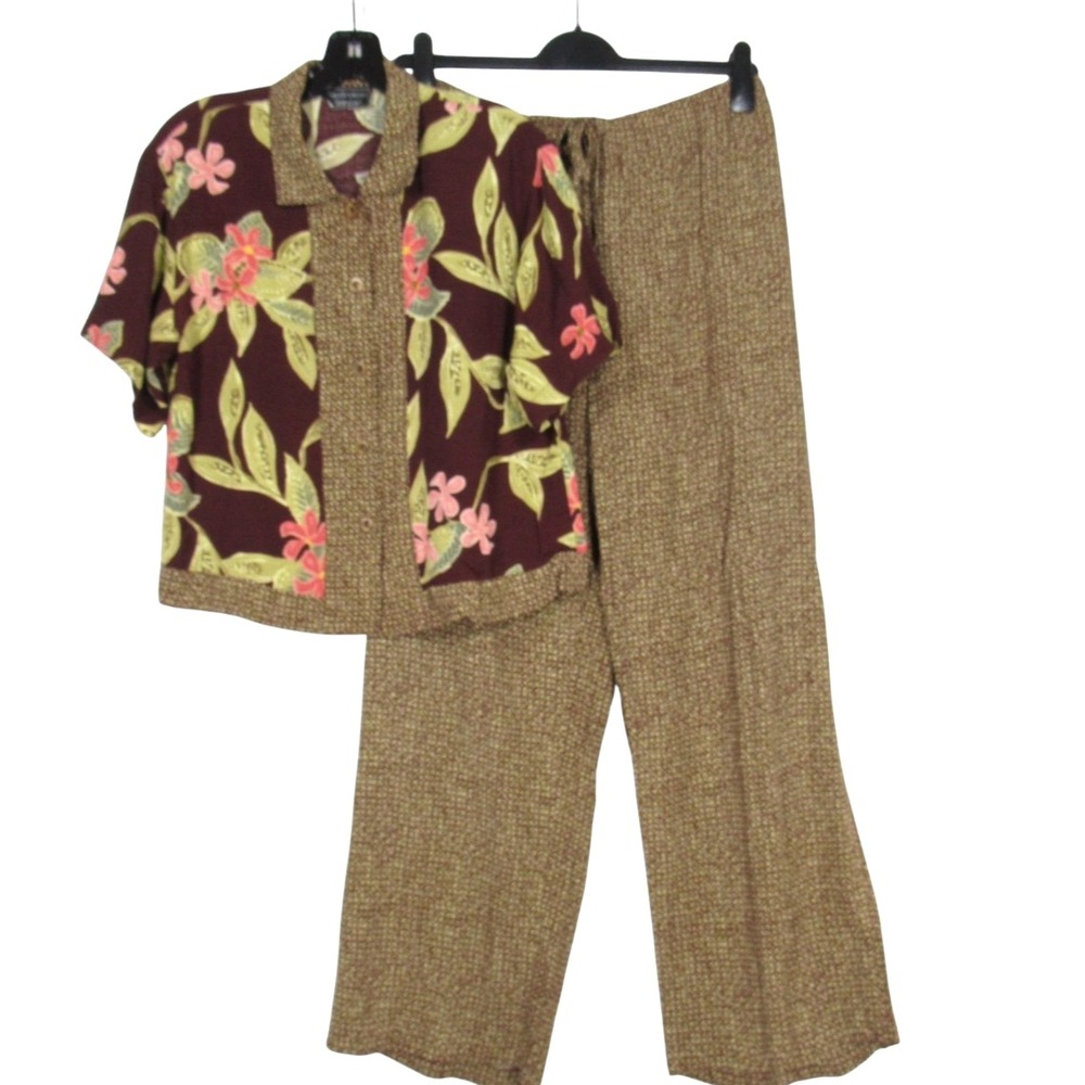 VTG CAROL ANDERSON 2-Pc CREPE Button-Up TROPICAL PRINT Shirt/Pants Outfit Set M